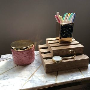 Pink container, gold pencil holder, wall hanger